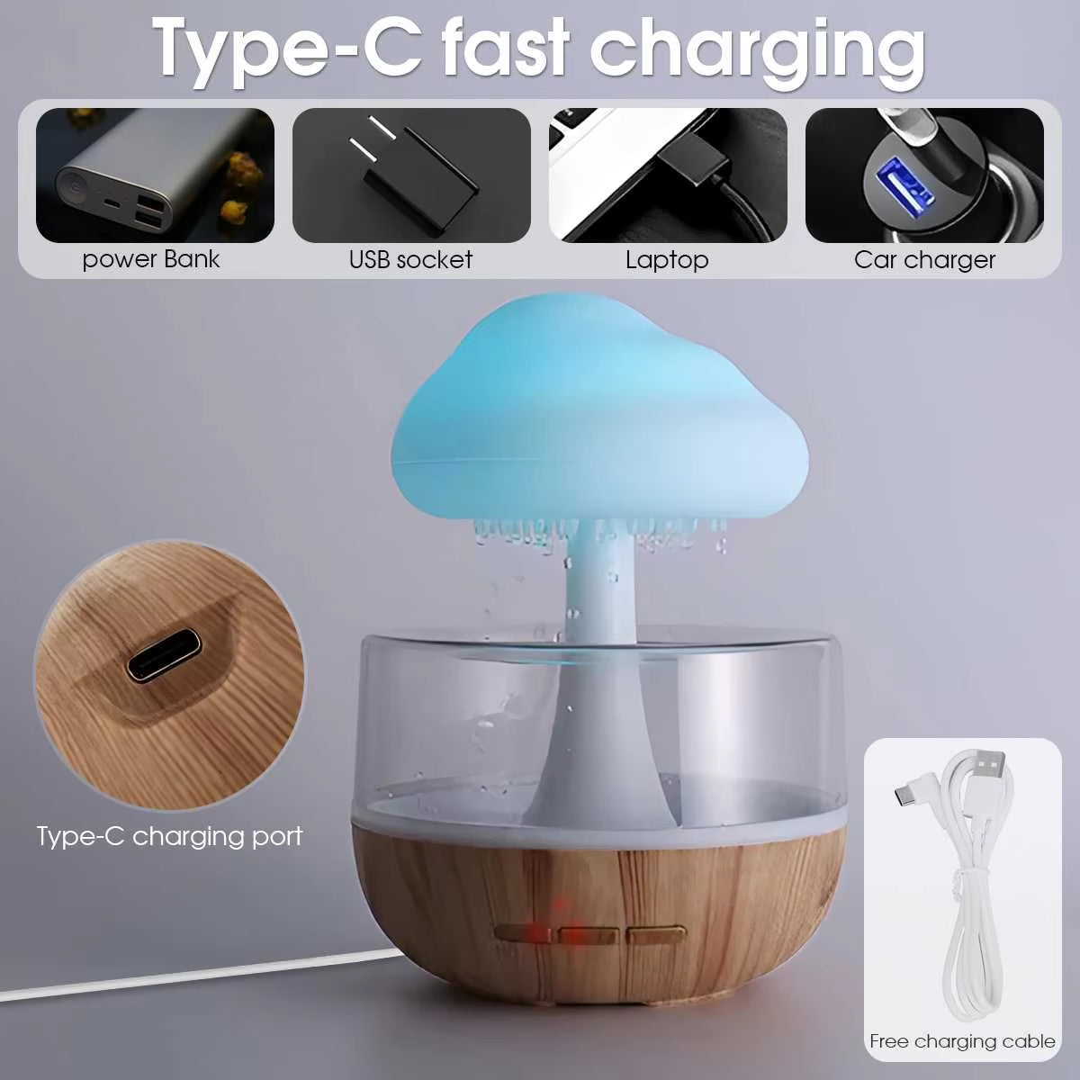 Rain Cloud Humidifier Rain Colorful Mushroom Cloud Raindrop Atmosphere Lamp Night Light Essential Oil Small Aromatherapy Machine